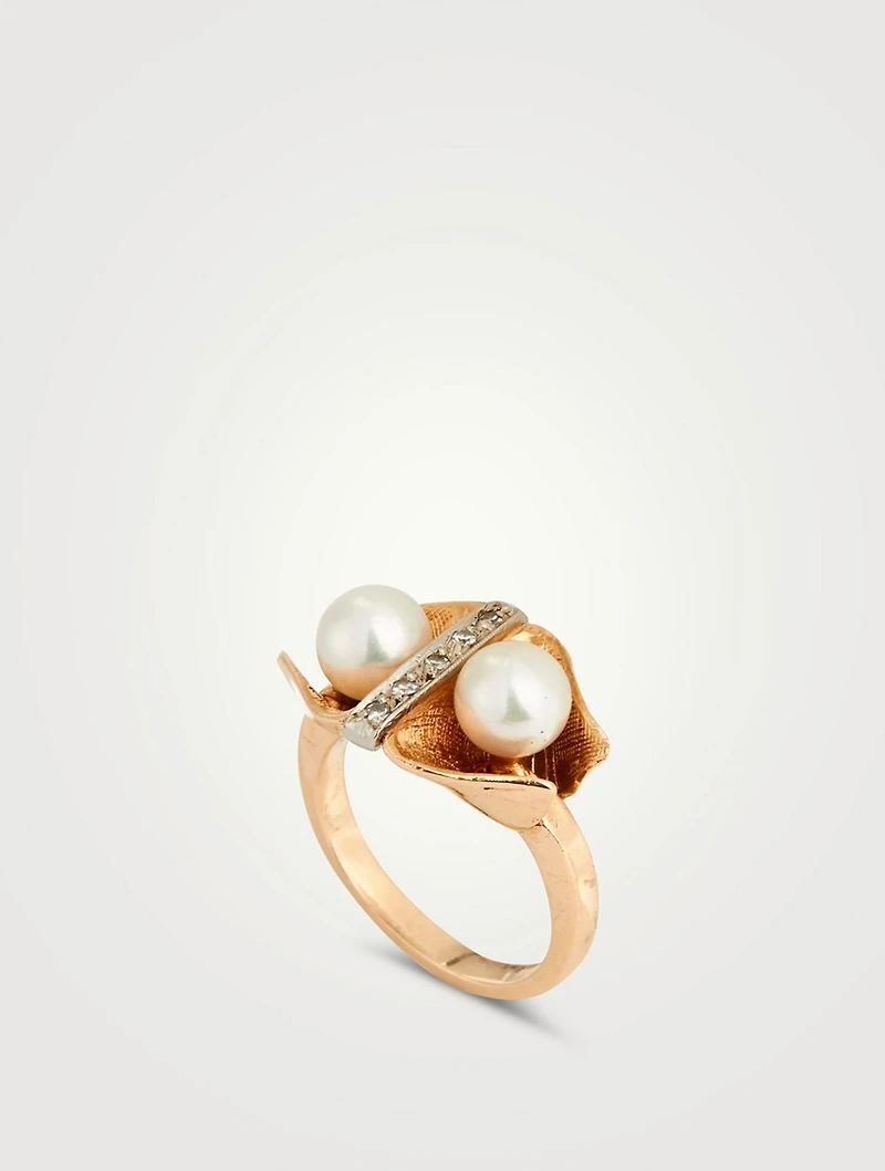 Vintage 14K Gold Double Pearl And Diamond Ring