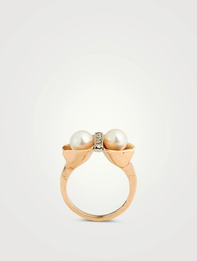 Vintage 14K Gold Double Pearl And Diamond Ring