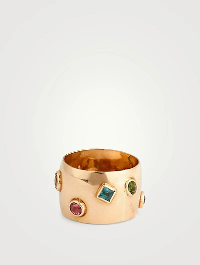Vintage 14K Gold Multi-Gemstone Cigar Band Ring