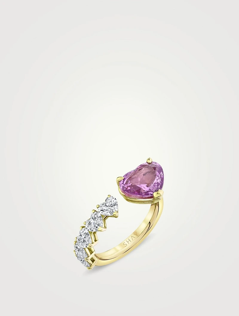 18K Gold Floating Heart Ring With Pink Sapphire And Diamonds