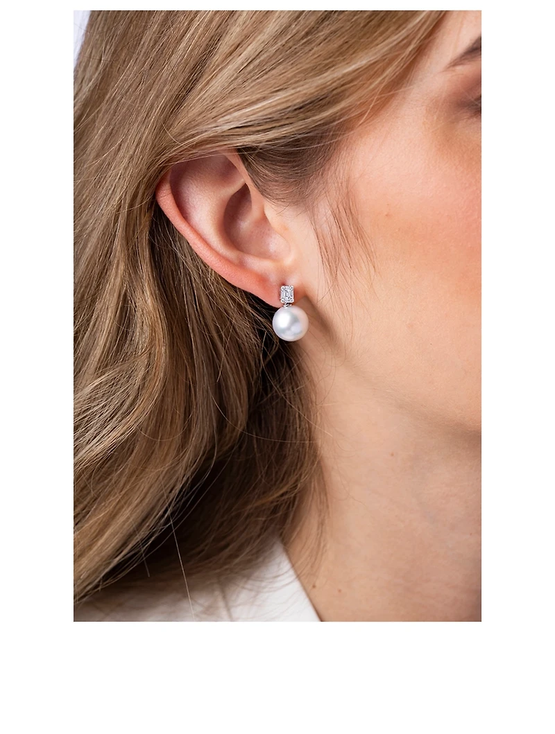 18K White Gold Pearl Earrings With Diamonds