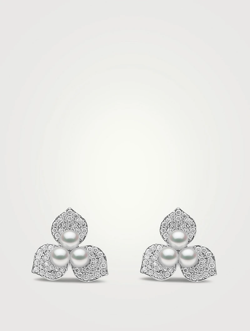 Petal 18K White Gold Akoya Pearl Earrings With Diamonds