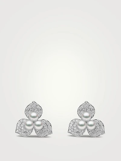 Petal 18K White Gold Akoya Pearl Earrings With Diamonds