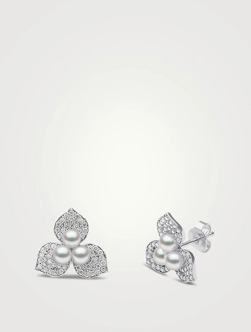 Petal 18K White Gold Akoya Pearl Earrings With Diamonds