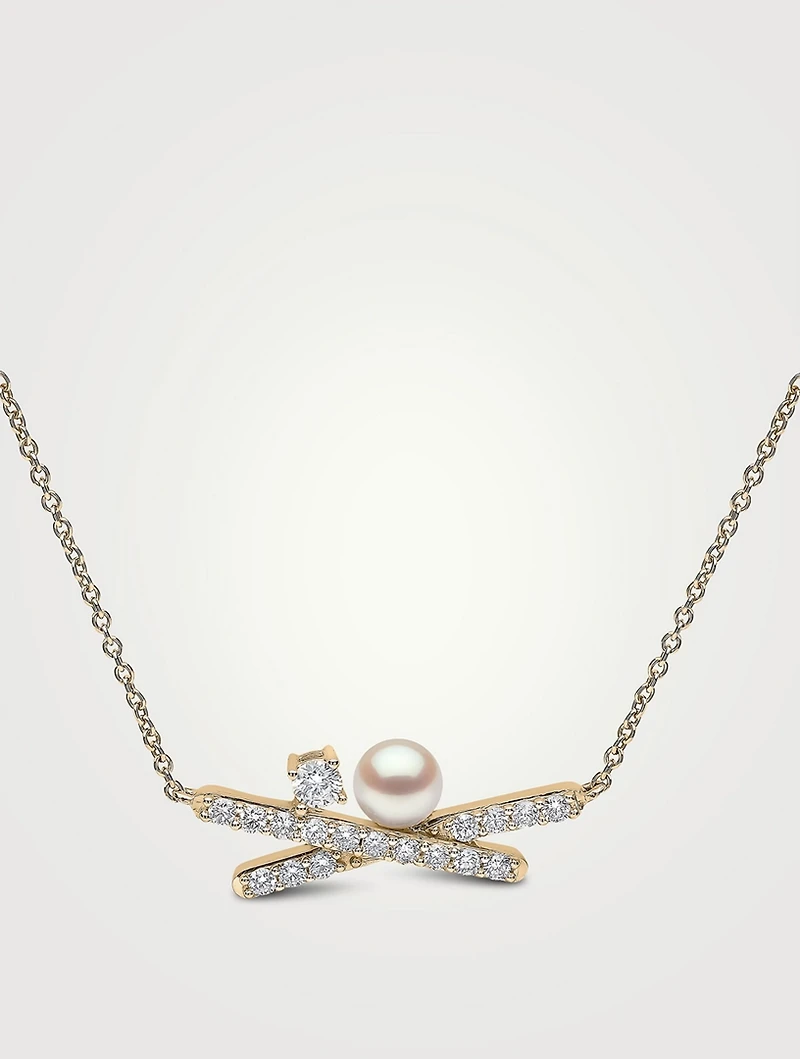 Sleek 18K Gold Akoya Pearl Necklace With Diamonds