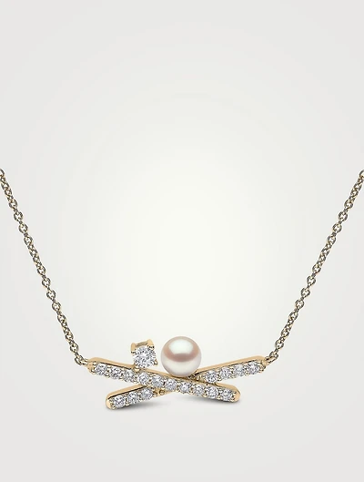 Sleek 18K Gold Akoya Pearl Necklace With Diamonds