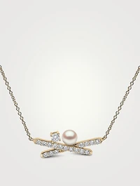 Sleek 18K Gold Akoya Pearl Necklace With Diamonds