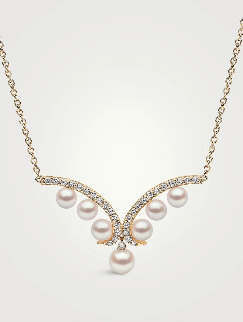 Sleek 18K Gold Akoya Pearl Necklace With Diamonds