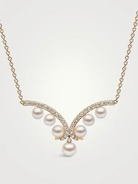 Sleek 18K Gold Akoya Pearl Necklace With Diamonds
