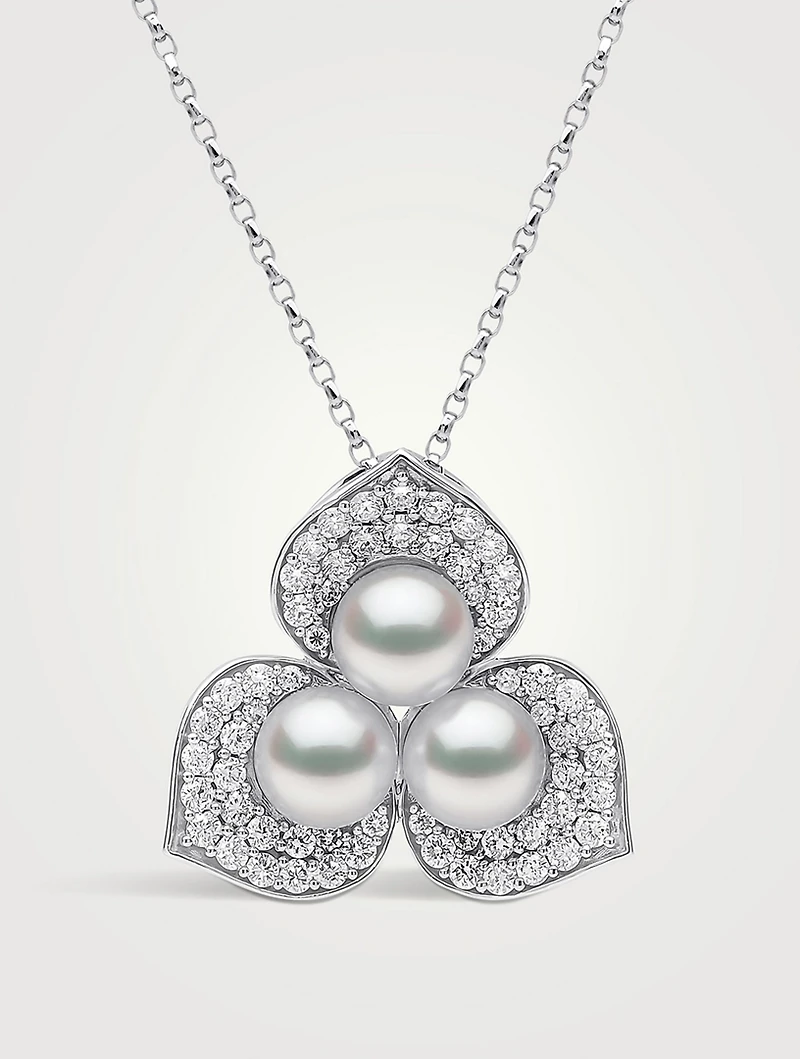 Petal 18K White Gold Akoya Pearl Necklace With Diamonds