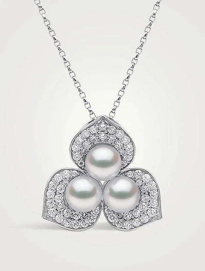 Petal 18K White Gold Akoya Pearl Necklace With Diamonds