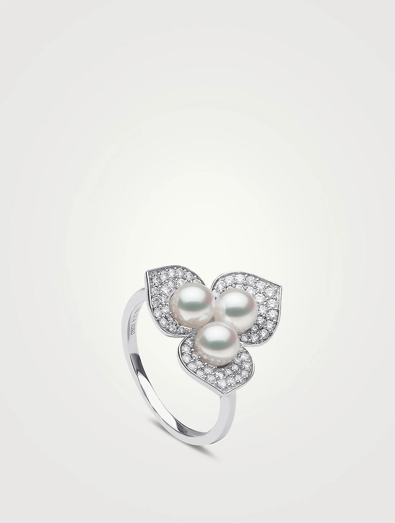 Petal 18K White Gold Akoya Pearl Ring With Diamonds