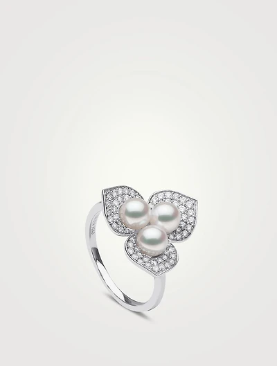 Petal 18K White Gold Akoya Pearl Ring With Diamonds