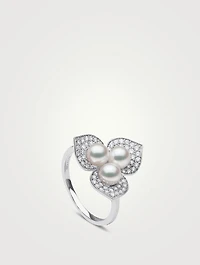 Petal 18K White Gold Akoya Pearl Ring With Diamonds