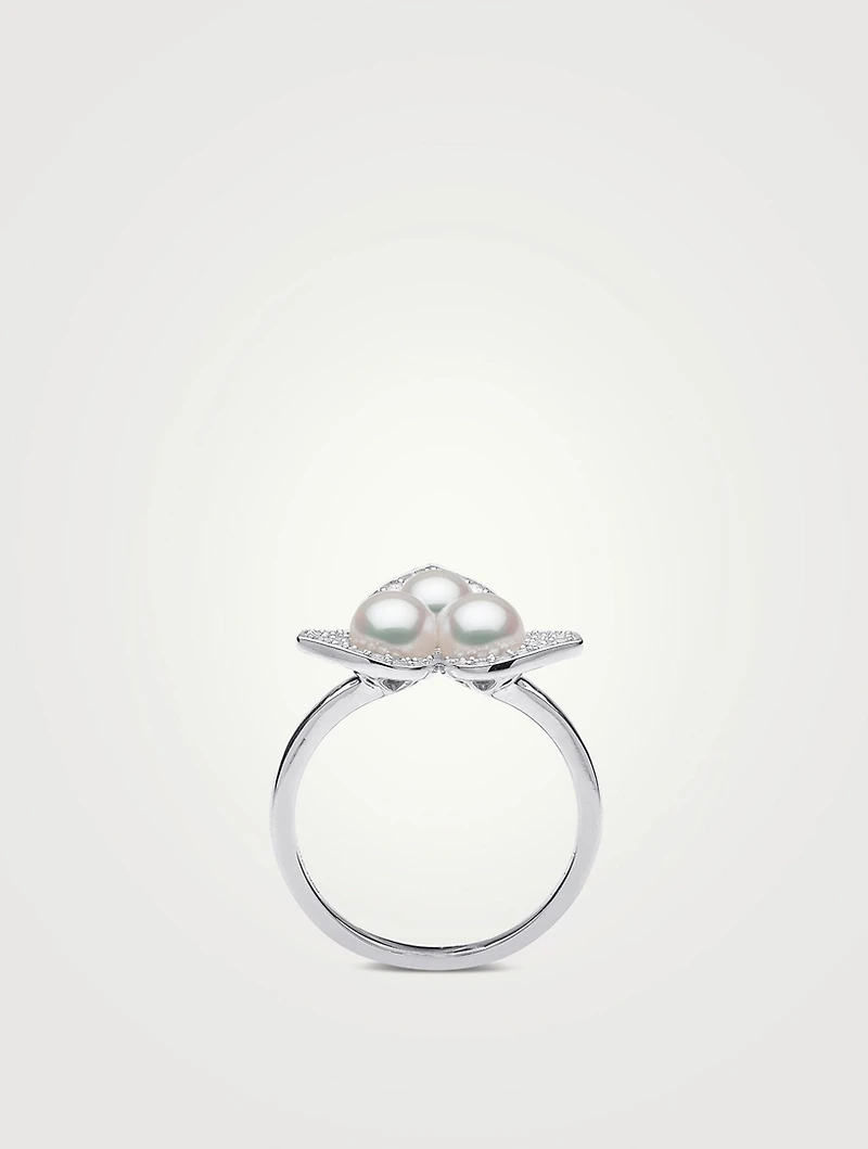 Petal 18K White Gold Akoya Pearl Ring With Diamonds