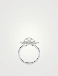 Petal 18K White Gold Akoya Pearl Ring With Diamonds