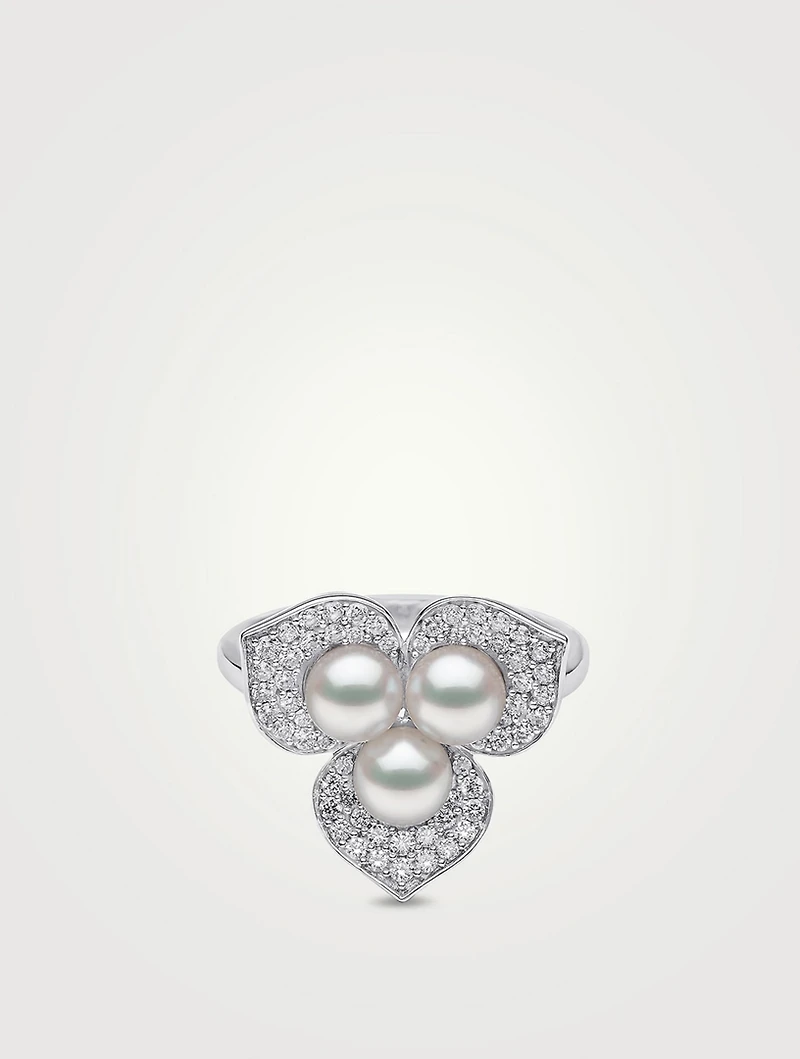 Petal 18K White Gold Akoya Pearl Ring With Diamonds