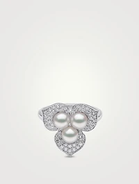 Petal 18K White Gold Akoya Pearl Ring With Diamonds