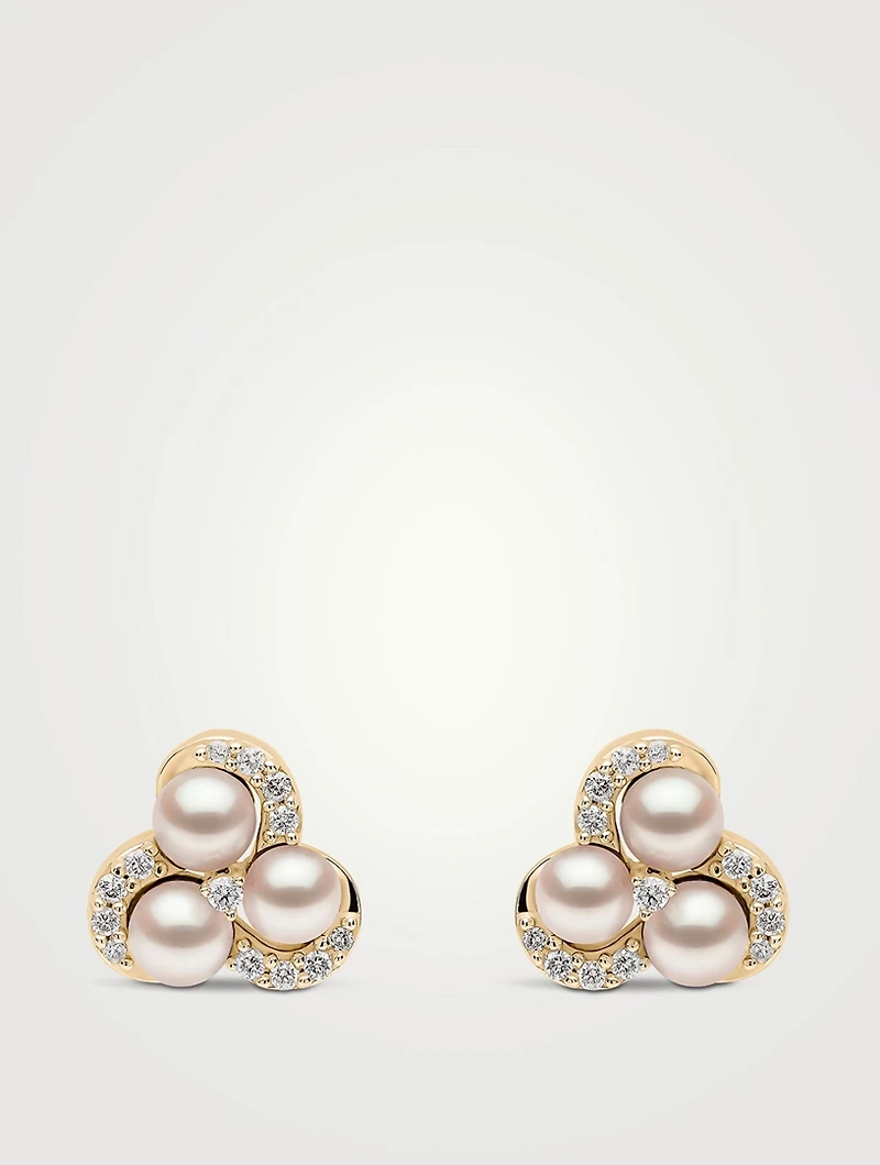 Sleek 18K Gold Akoya Pearl Stud Earrings With Diamonds