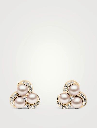 Sleek 18K Gold Akoya Pearl Stud Earrings With Diamonds