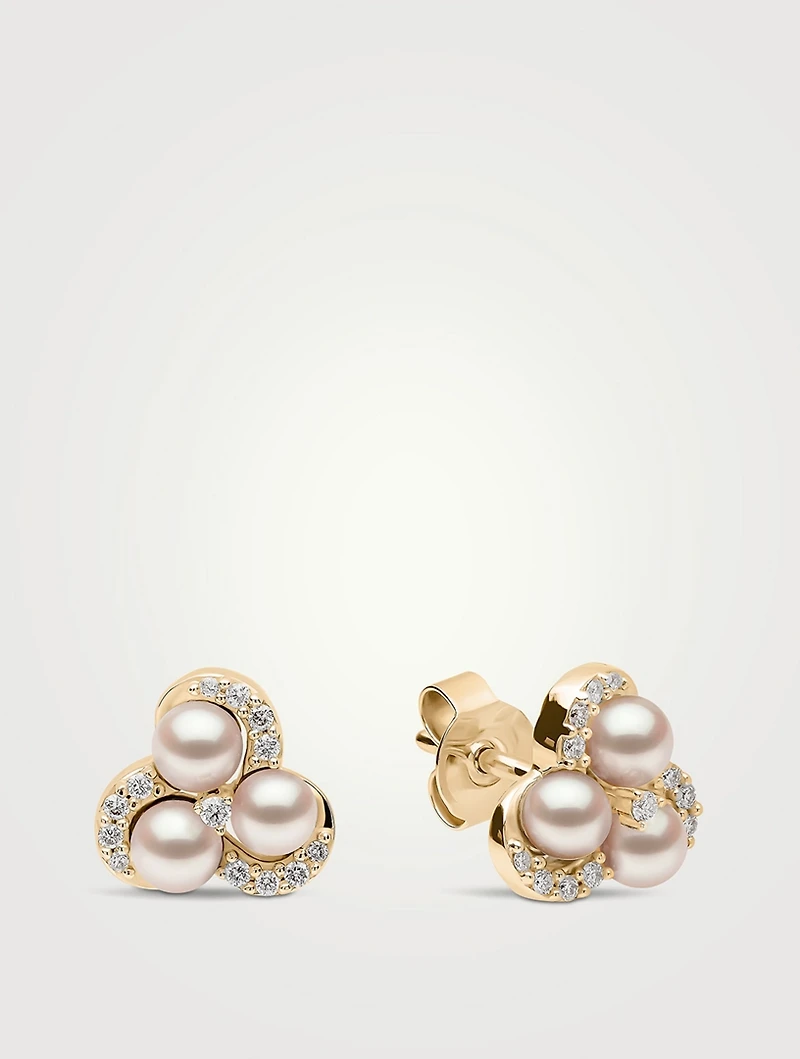 Sleek 18K Gold Akoya Pearl Stud Earrings With Diamonds