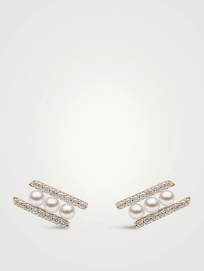 Sleek 18K Gold Akoya Pearl Stud Earrings With Diamonds