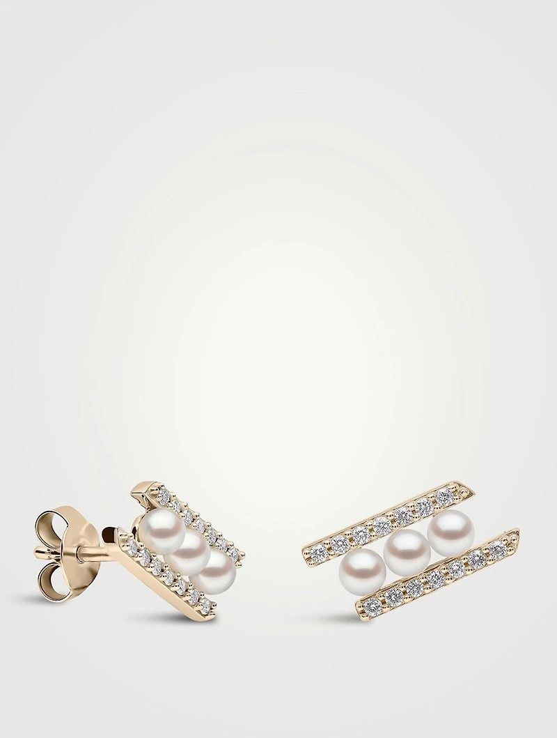 Sleek 18K Gold Akoya Pearl Stud Earrings With Diamonds