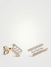 Sleek 18K Gold Akoya Pearl Stud Earrings With Diamonds
