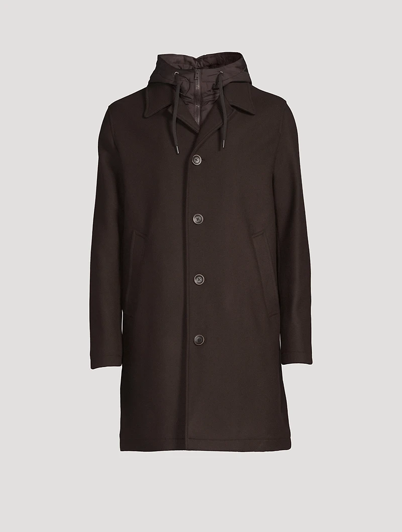 Wool And Nylon Coat With Hood