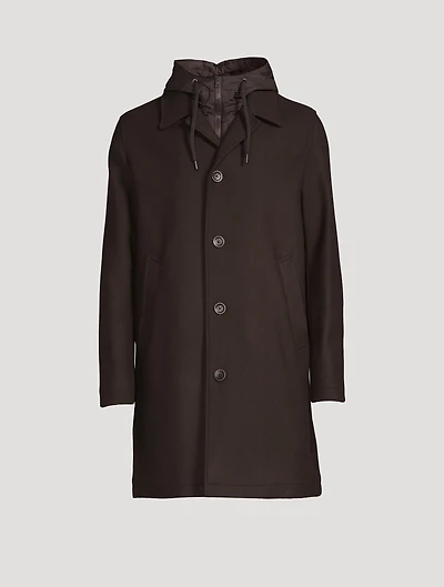 Wool And Nylon Coat With Hood
