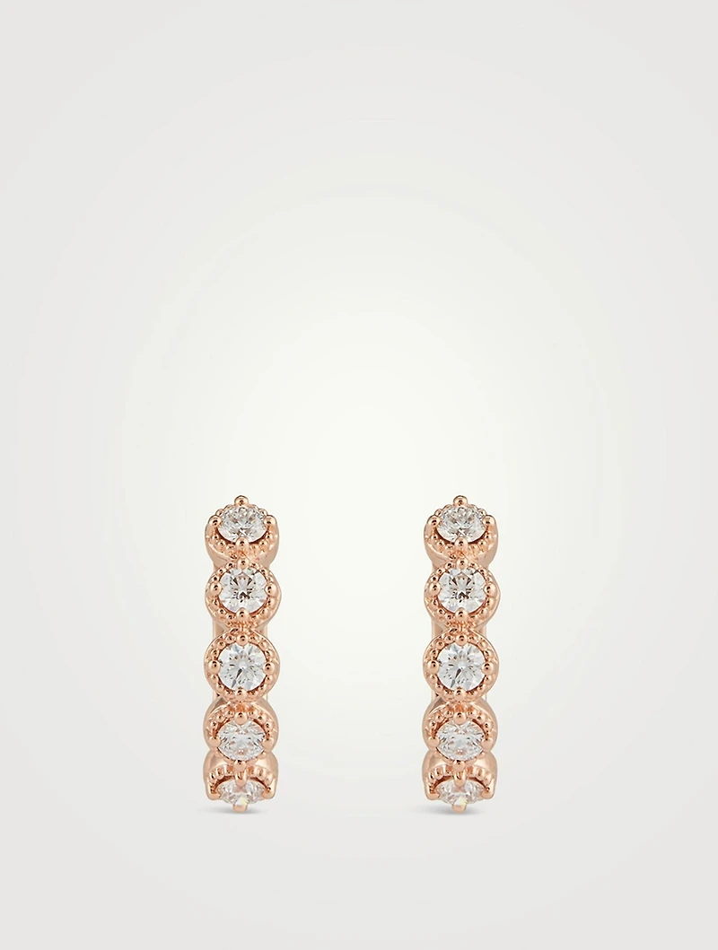 18K Rose Gold Diamond Bar Huggie Hoop Earrings With Diamonds
