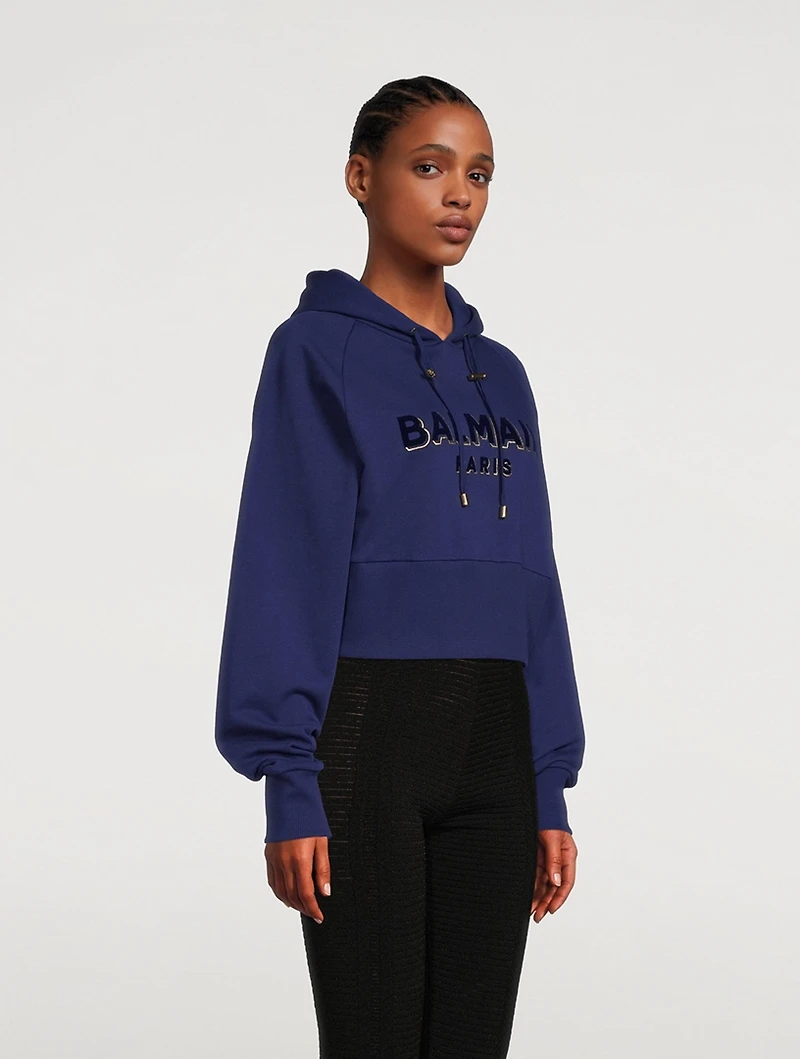 Flocked Logo Cropped Hoodie