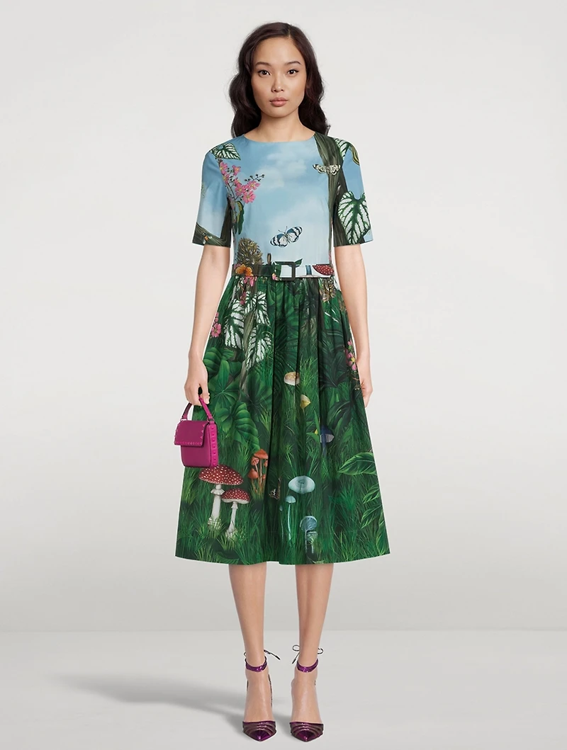 Poplin Midi Dress Botanical Forest Print
