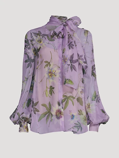 Chiffon Tie-Neck Blouse Passionflower Print