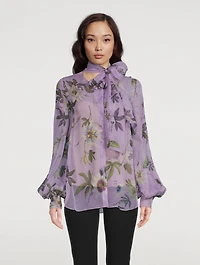 Chiffon Tie-Neck Blouse Passionflower Print