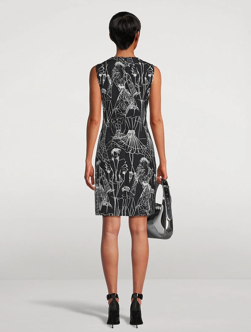 Cotton Silk Double-Face Sheath Dress Croquis Print