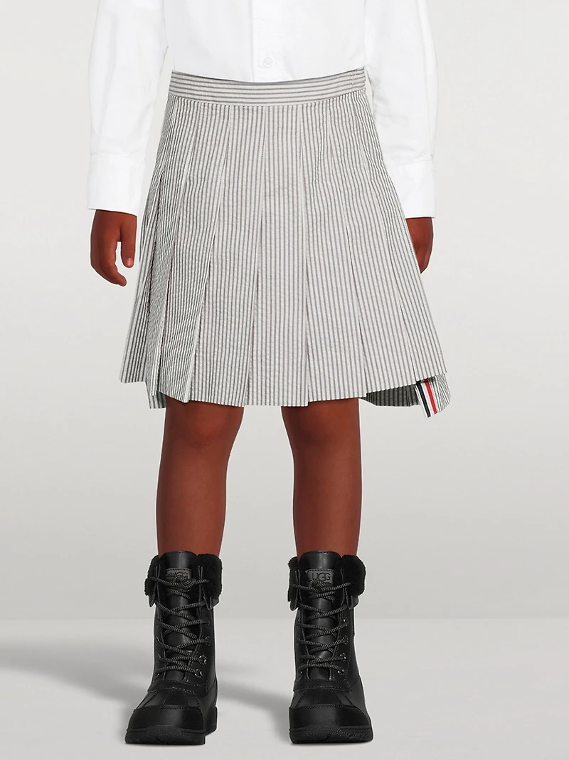 Seersucker Pleated Mini Skirt With Drop Back