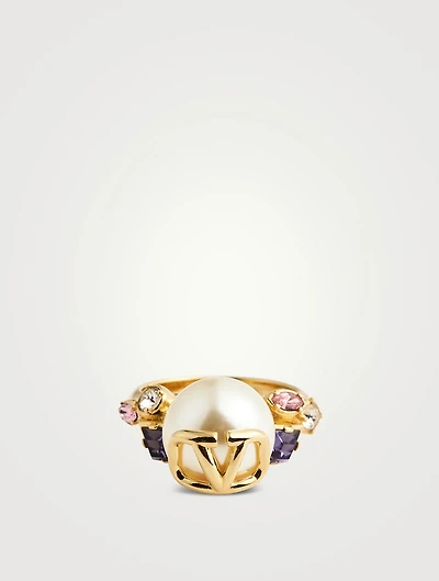 Faux Pearl Ring With Crystals