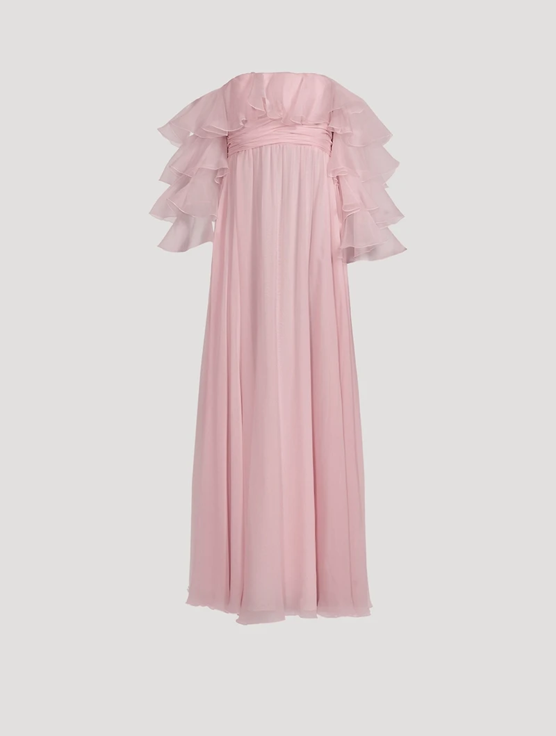Ruffled Off-The-Shoulder Silk Georgette Gown