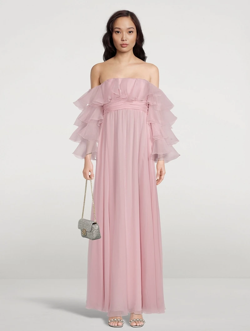 Ruffled Off-The-Shoulder Silk Georgette Gown
