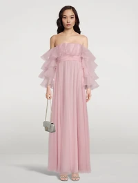 Ruffled Off-The-Shoulder Silk Georgette Gown