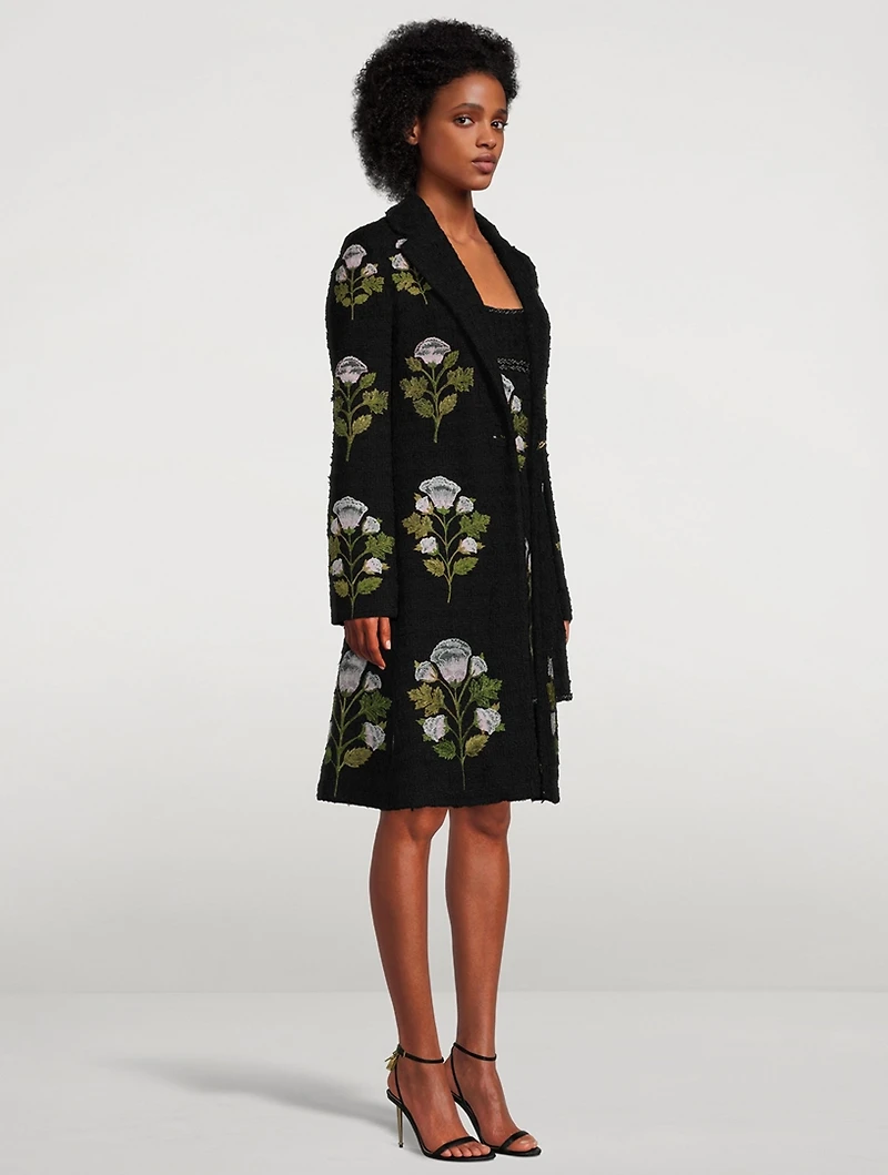 Floral-Embroidered Tweed Bouclé Coat