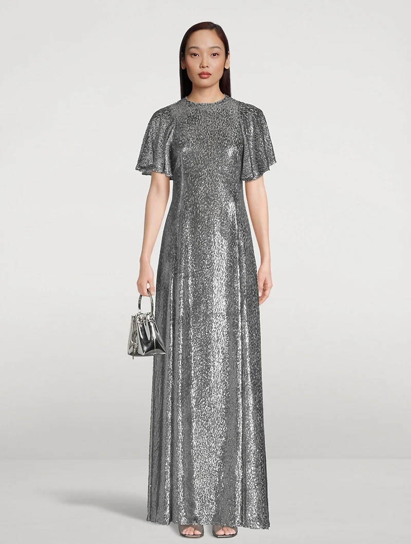 The Midnight Tremors Metallic Flutter-Sleeve Gown