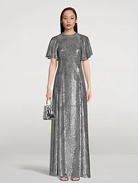 The Midnight Tremors Metallic Flutter-Sleeve Gown