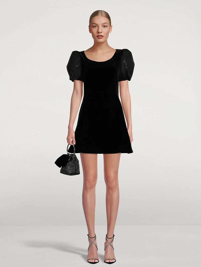Woof Moon Puff-Sleeve Velvet Mini Dress