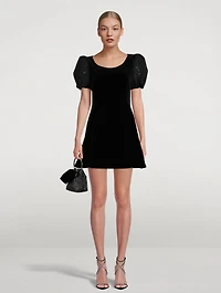 Woof Moon Puff-Sleeve Velvet Mini Dress