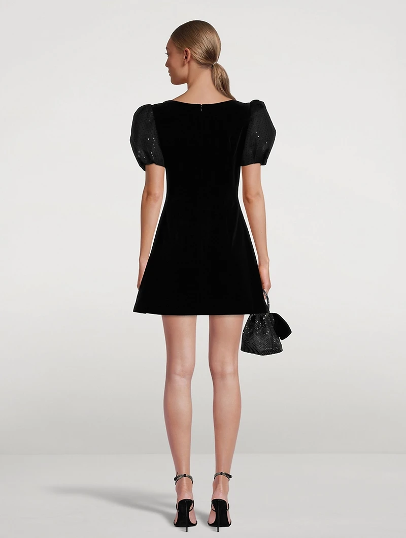 Woof Moon Puff-Sleeve Velvet Mini Dress