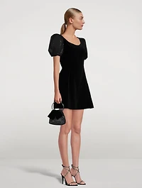 Woof Moon Puff-Sleeve Velvet Mini Dress