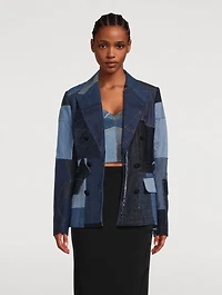 Patchwork Denim Double-Breasted Blazer