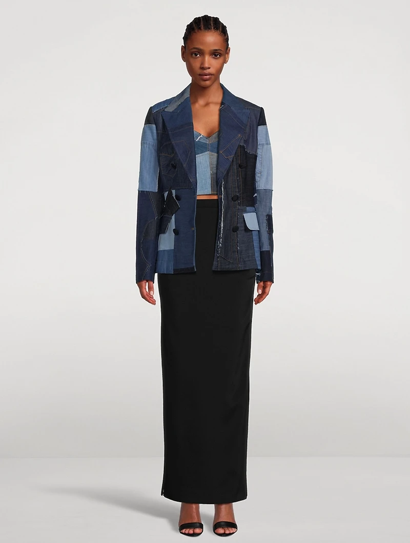 Patchwork Denim Double-Breasted Blazer